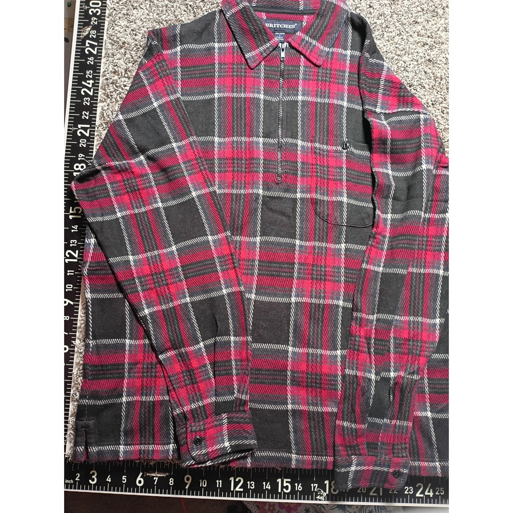 Britches Mens Red Charcoal Plaid Flannel Quarter Zip Pullover Shirt Large